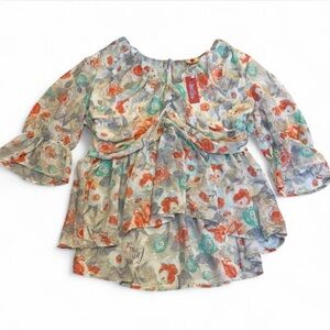 Blue Leopard Sheer Boho Babydoll Blouse Top Women’s 2X Festival Peplum Summer